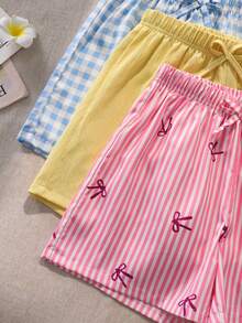 Sparklyn Bộ quần short kẻ sọc 3 món cho bé gái tuổi teen, màu vàng/xanh dương/hồng, cạp nơ, dáng rộng thoải mái, thích hợp mặc hàng ngày, chơi đùa và thư giãn ở nhà. - Nhiều màu - Xem 3