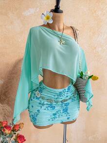 Soleia Bộ 2 món dành cho nữ: Áo khoác ngoài cổ lệch gợi cảm + Chân váy mini xếp ly đính đá bằng chiffon, trang phục thường ngày cho kỳ nghỉ biển, hẹn hò, tiệc trà chiều, đi biển, du thuyền, du lịch thành phố, lễ hội âm nhạc, tiệc tùng, kỳ nghỉ phong cách boho, đi làm hàng ngày, trang phục nghỉ dưỡng gợi cảm, chất liệu móc len, vải lanh. - Màu xanh bạc hà - Xem 10