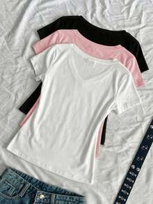 SHEIN EZwear 3件装女士夏季V领紧身T恤，朋克亚文化动漫纯色基础款V领短袖修身T恤 - 彩色 - 查看 2