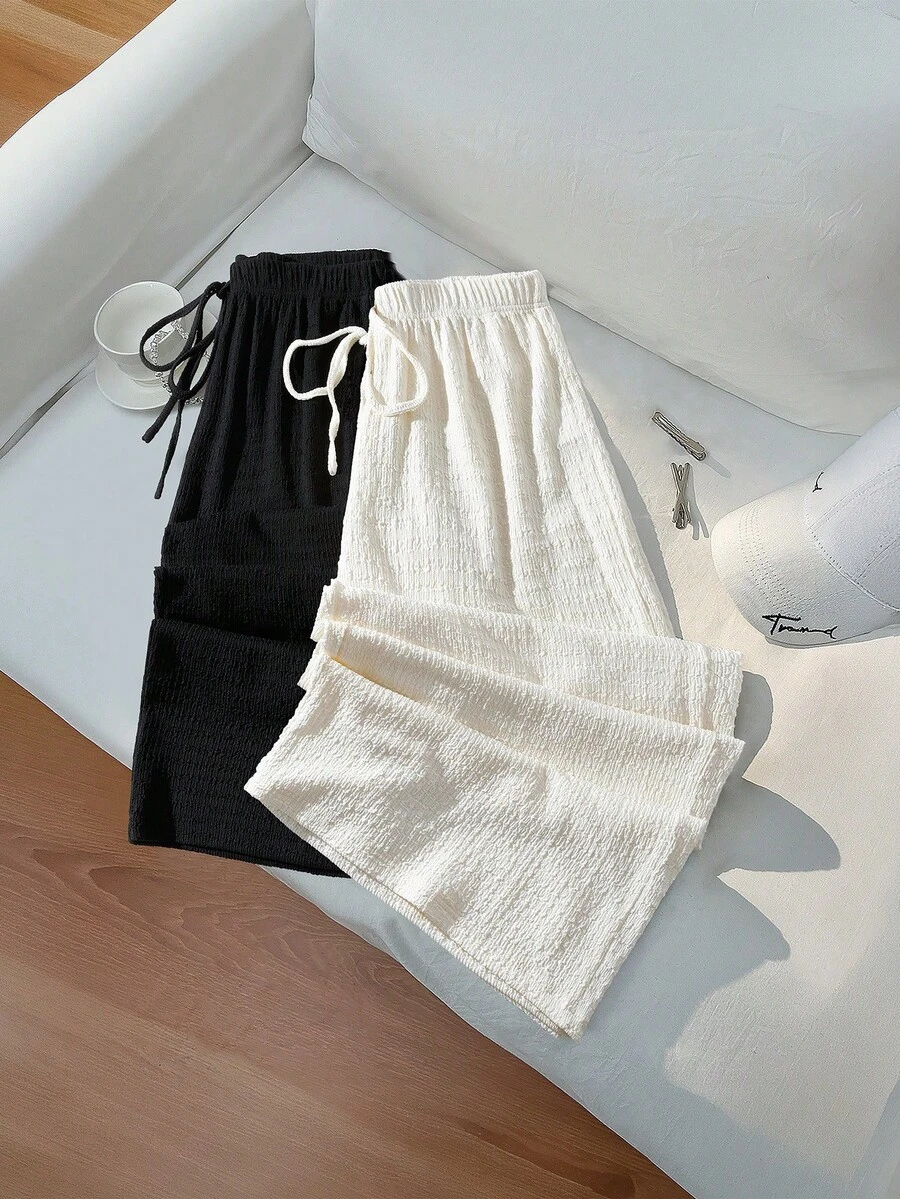 SHEIN Tall CURVE 2 chiếc quần ống rộng dáng suông đơn giản màu trơn dành cho nữ, thích hợp mặc đi nghỉ mát, thường ngày, có dây buộc eo. - trắng - Xem 1