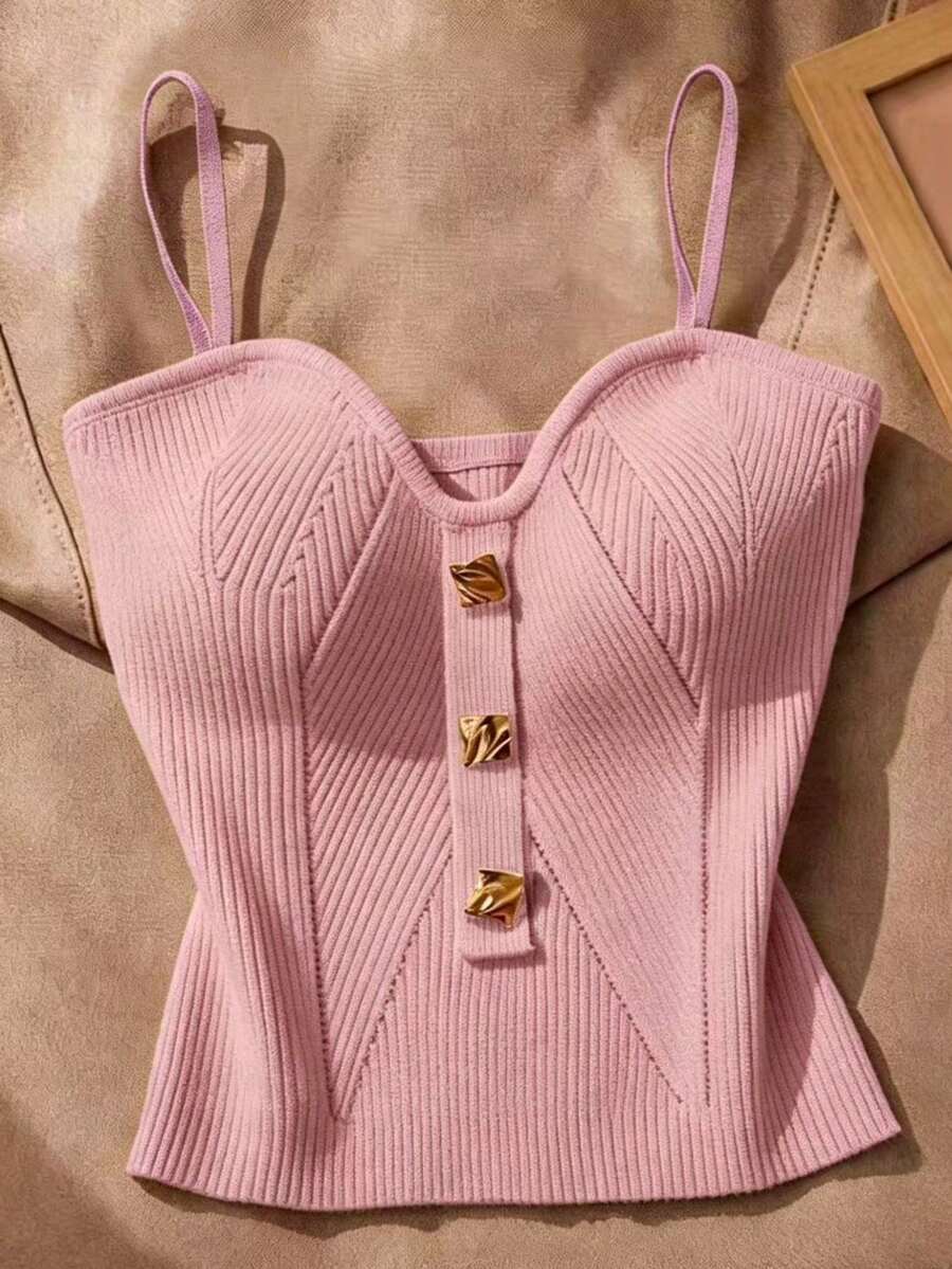 Franclia Women's Metal Decor Solid Color Camisole Knit Top - Baby Pink - View 1