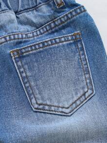 Boys' Summer Denim Shorts,Fashionable Street Style Light Blue Washed Distressed Ripped Details,Elastic Waistband Versatile Fit New Casual Jean Shorts - Dark Wash - View 7