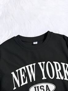 SHEIN 少女针织休闲英文印花宽松T恤和短裤两件套 - 黑色 - 查看 4