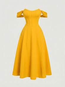 SHEIN MOD Đầm không tay họa tiết xương cá màu đen cổ điển dành cho nữ cỡ lớn, thích hợp cho mùa xuân/hè, đầm dạ hội, đầm dự tiệc, đầm prom, đầm dài màu đen, đầm phù dâu, đầm dự lễ tốt nghiệp, đầm phong cách Phục Hưng, đầm retro. - Màu vàng - Xem 2