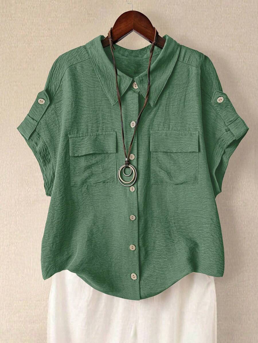 SHEIN LUNE CURVE Plus Size Women's Solid Color Full Button Collar Short Sleeve Dual Pocket Casual Comfortable Fashion Shirt - Mint Green - View 1