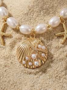 Arave 1 件波西米亚风格海洋主题海星和贝壳吊坠项链，适合女性海滩度假穿着 - 金色 - 查看 3