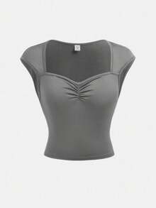 SHEIN 少女纯色荷叶边领短袖休闲T恤 - 灰色 - 查看 2