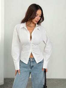 SHEIN PETITE Women's Elegant White Long Sleeve Shirt,Tie-Waist Cinched Striped Blouse,Casual Office Commuter Work Attire,Bohemian Vacation Summer Blouses ,Petite Women - White - View 6