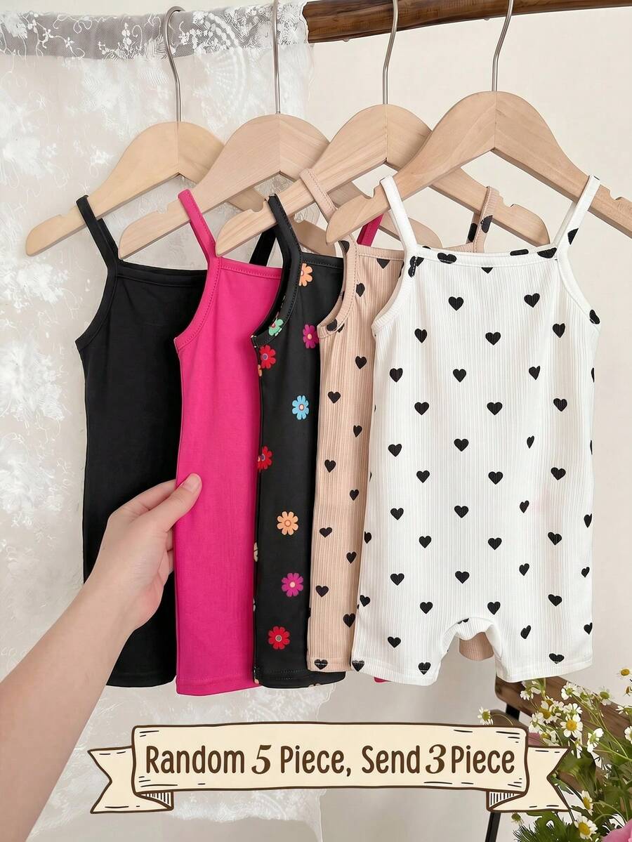 SHEIN 【随机5件,发3件】复古甜美黑白条纹迷你碎花印花涂鸦碎花少女风休闲吊带连体衣,Y2K风,可爱风,女婴休闲款,适合春夏外出穿着,夏季童装,夏季外出服,韩版风格,舒适百搭,时尚童装,Y2K风,可爱风,派对,日常,度假,可爱,舒适,外出,2026夏季,田园风,周末休闲,家庭出游,拍照服装,休闲风,婴幼儿印花上衣 - 彩色 - 查看 1
