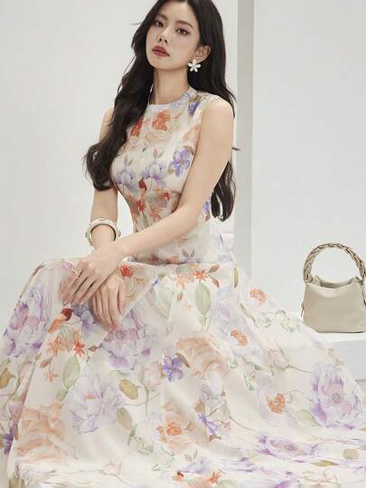 Heiryn Women's Fashionable Elegant Floral Print Sleeveless Mid-Length Dress