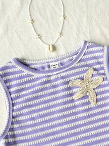 SHEIN Setelan 2 Potong untuk Anak Perempuan Remaja: Atasan Tank Top Tanpa Lengan Leher Bulat Motif Bintang Laut Bergaris dan Celana Pendek - Mauve Purple - View 5