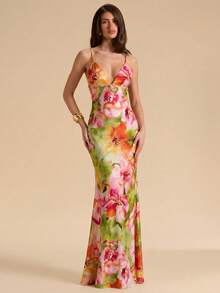 SHEIN BAE Damen Sommer V-Ausschnitt Rüschen Blume Muster Rückenfreies Kleid mit Bindeträgern, Meerjungfrau-Saum elegantes Urlaubskleid, Strandresort-Kleid, rückenfreies Blumenprint-Maxikleid, Sommerkleid, Boho-Kleid - Grün - Übersicht 4