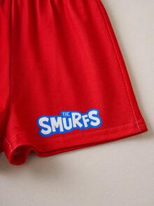 SHEIN X The Smurfs 男婴条纹拼接字母卡通印花短袖T恤和短裤休闲日常套装 - 紅色 - 查看 6