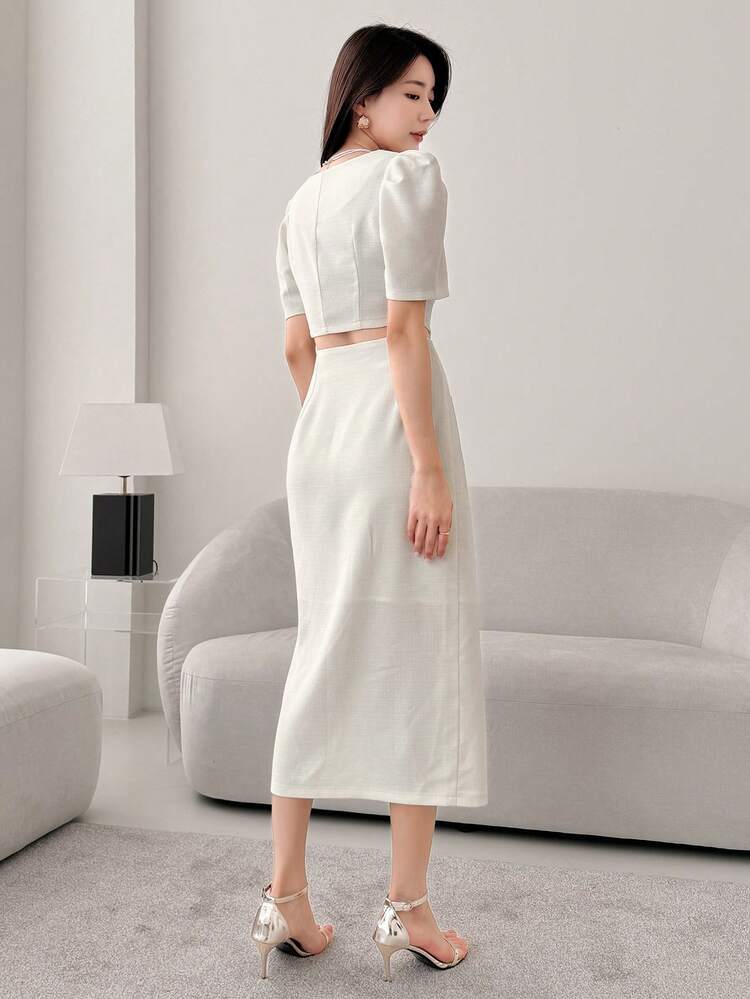 Women's Elegant Commuter Petal Sleeve Top And Split Hem Skirt 2 Pieces Set, Summer