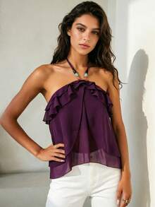 Modelyn Women's Dark Purple Summer Boho Vacation Holiday Chiffon Top, Elegant Colored Beaded Halter Neck Multi Layer Ruffle Edge Slim Fit Party Cami Tops - Purple - View 5