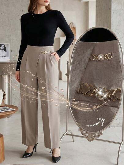 Modelyn Pantalones de pierna ancha con decoración de cadena para uso casual y diario, talla grande