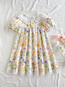Vintaside Kids 女童夏季仙女派對藍色蝴蝶花卉與兔子印花蕾絲領花瓣袖A字洋裝，奶白色森系寬鬆洋裝 - 彩色 - 查看 3