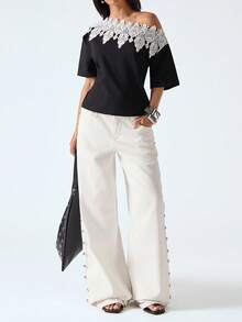 LYSMO 2026 New Arrive Minimalism Spring/Summer Women's Elegant Contrast Color Lace Patchwork Asymmetric Neck Tie Waist T-Shirt, Summer,Top Solid Color Contrast Lace Round Neck Fashion T-Shirt Summer Outfit For Women Casual Blouses For Women Ruffle And Lace Top Casual Outfit For Women,Summer Top - Black - View 3