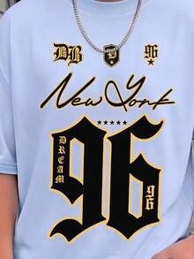 SHEIN 一套青少年男童休闲数字英文印花T恤和短裤，浅蓝色，适合夏季，经典时尚标语“96”，运动文字风格 - 彩色 - 查看 5