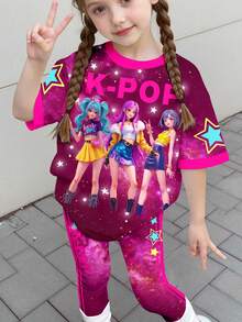 少女返校季卡通女孩运动风紫色和黑色撞色套装，K-Pop 超级明星，轻松休闲，春日气息，梦幻星空，少女简约休闲短袖上衣和打底裤两件套，韩式风格，返校季，舒适百搭，时尚童装，春夏穿搭，舒适百搭，时尚女孩，休闲装，婴幼儿印花上衣，夏季新款，春夏时尚，校园休闲运动风，户外野餐，街头风，校园 - 彩色 - 查看 3
