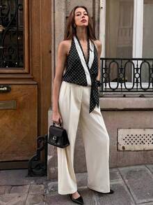 Pariaura 2026夏季新款都市时尚风，黑色杏色几何图案无袖上衣，飘逸缎面面料，系带V领设计吊带衫，通勤休闲两相宜，尽显高端质感，舒适亲肤面料，法式优雅通勤度假吊带衫，弹性下摆，蝴蝶结前襟，女士新款夏季上衣，女士新款夏季吊带衫，法式优雅通勤度假吊带衫，优雅吊带衫 - 黑與白 - 查看 4