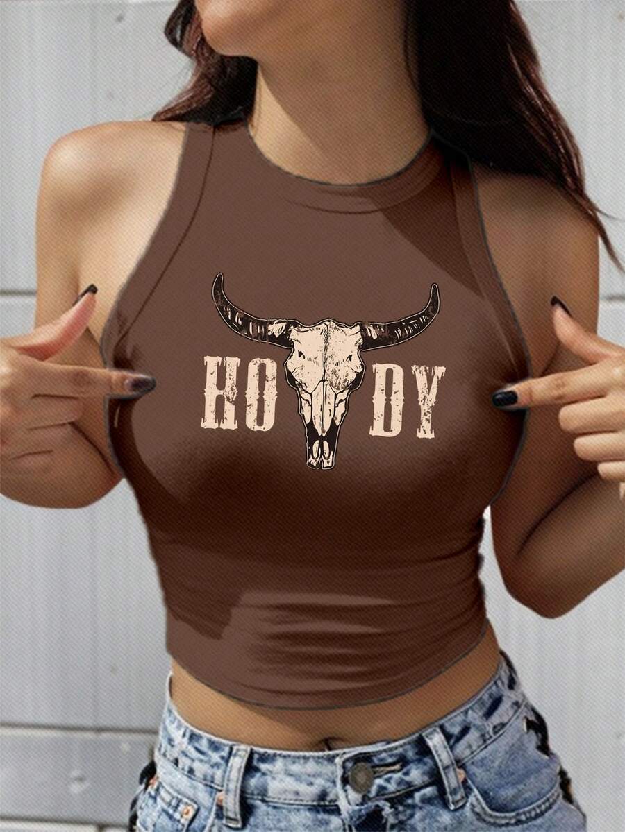 SHEIN Slayr Áo tank top nữ cỡ lớn kiểu dáng tối giản in họa tiết sừng bò, thích hợp cho mùa hè. - màu nâu - Xem 1