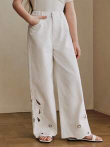Girls' Fashionable Hollow-Out Embroidered Straight Leg Beige Vacation Pants - Beige - View 5