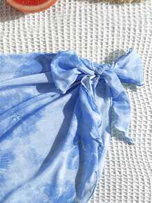 SHEIN 少女碎花连体泳衣及罩衫两件套沙滩装度假服女孩夏季度假服少女沙滩装少女夏季服装 - 藍色 - 查看 3
