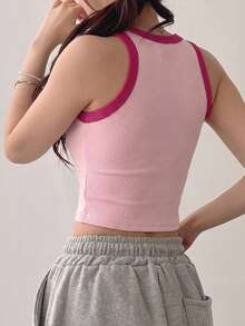 DAZY 女款基礎撞色短版健身運動背心 夏季可愛上衣 - 粉色 - 查看 6