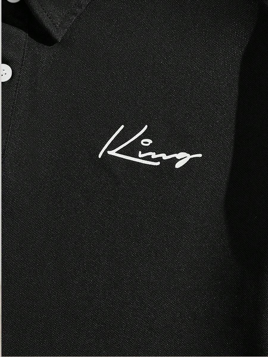 Men's Casual Letter Pattern Polo Shirt With Collar, Summer - Black - View 1