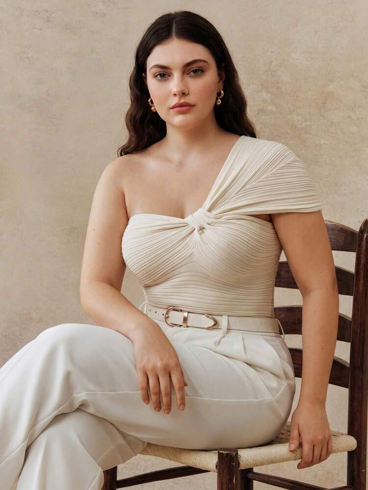 Plus Size Elegant Beige Autumn Solid Color Irregular Shoulder Bow Pleated Knit Sweater,Festa Fashion Casual Formal Party Work Wedding New Year Tops