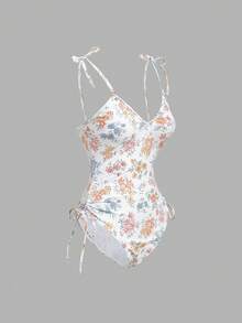 SHEIN MOD Women's White Floral Print One-Piece Swimsuit,Elegant Cute Summer Holiday Pool Party Beach,Twist Front,Kawaii Colored Flower Pattern,Bowknot - Apricot - View 2