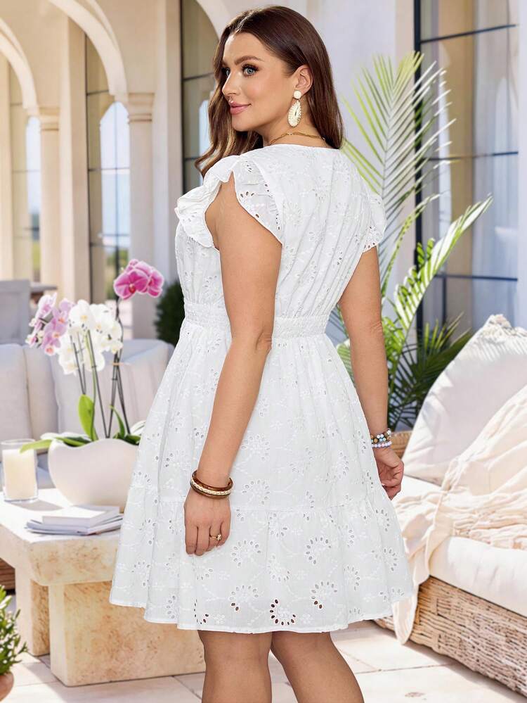 Plus Size Women's Summer Casual Vacation Country White Embroidered Cap Sleeve Waist Cinched Short Dress,Suitable For Summer Vacation,Casual Holiday Style,Summer Outfits For Women ,Vacation Outfits Women ,Holiday Outfits For Women,Going Out Outfits, New Clothes,Simple And Fashionable For Everyday Wear,Suitable For Summer, Vacation, Daily Wear, Festival Outfits For Women,Country Concert Outfit,Beach Outfits For Women,Western Style,Flowy Dress,Gifts For Mother,Boho Dress