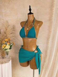 Swim Vcay Conjunto de Maiô Bikini Feminino de 3 Peças, Vestido de Praia Sólido na Cor Azul Pavão Sexy com Alça Amarrada e Contas Coloridas Aleatórias, Primavera/Verão - Azul petróleo - Visão 4