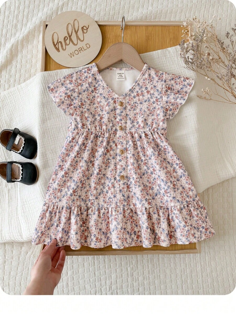 Đầm bé gái mùa hè kiểu dáng giản dị, dễ thương, họa tiết hoa nhí, xếp nếp ở gấu váy. - Hồng - Xem 1