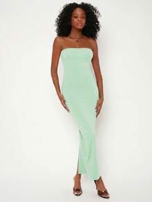 SHEIN BASICS Solid Split Hem Tube Casual Dinner Dating Dress Summer Outfit For Women - Mint Green - View 5