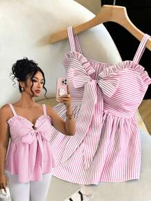 GlowEve CURVE Plus Size Slimming Flared Striped Casual Camisole For Women, Spring/Summer - Pink - View 4