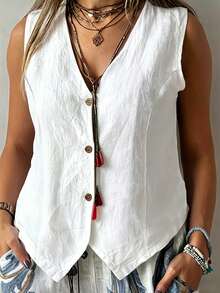 EMERY ROSE Plus Size Women Solid Color Single-Breasted Casual Vest Shirt - White - View 3