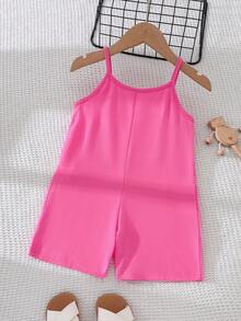 SHEIN Elladie kids Young Girl'亮面櫻桃紅細肩帶連身褲，夏季親子套裝兒童針織連身褲附口袋，柔軟連身褲 - 粉色 - 查看 2