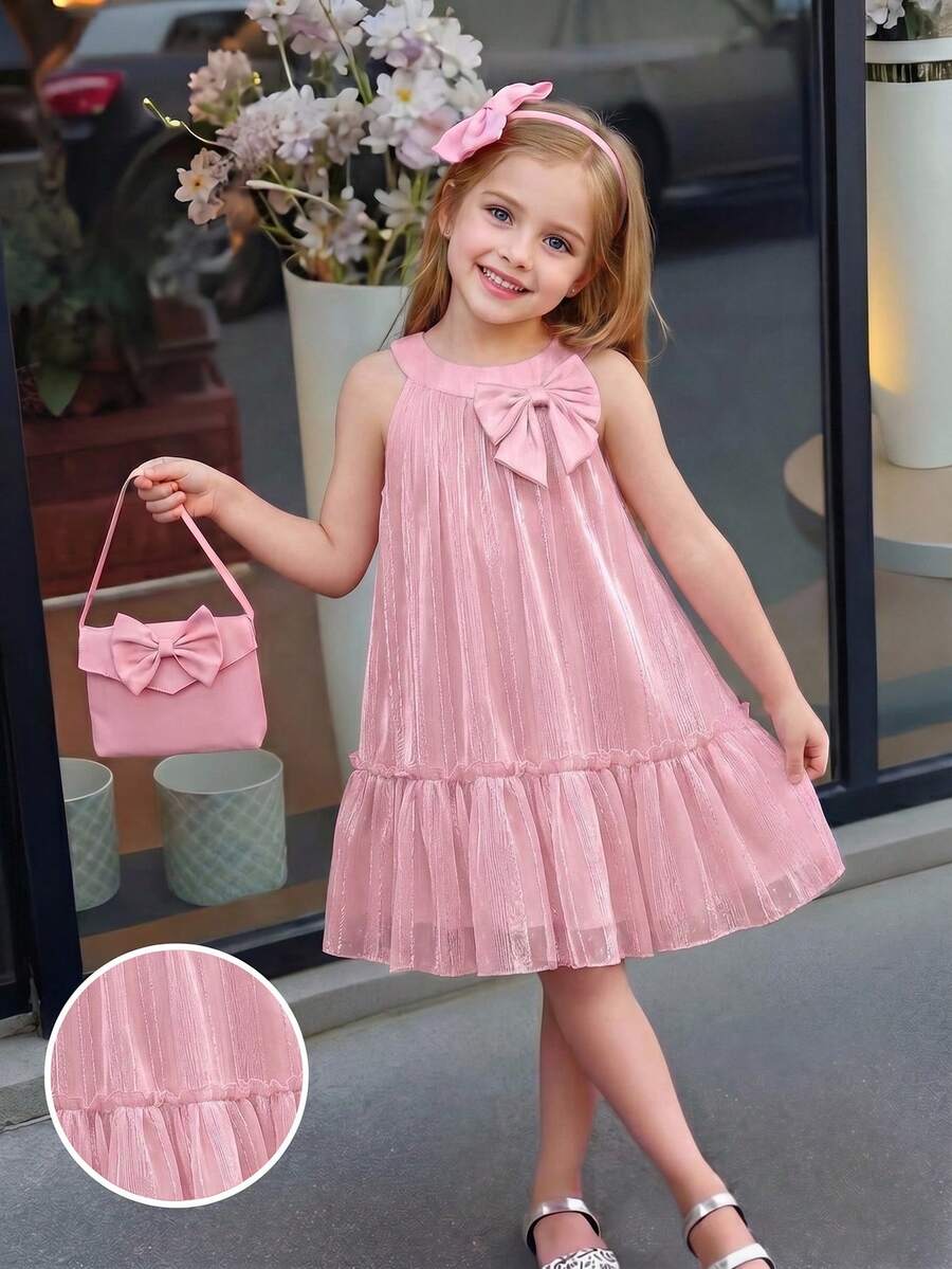 SHEIN Vintaside Kids 女童优雅公主吊带提花刺绣双层荷叶边宽松公主裙，适合度假、旅行、派对、送礼、春秋季穿着