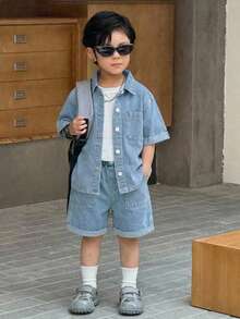 SHEIN Set Baju dan Celana Pendek Denim Biru untuk Bayi Laki-laki (2 potong) - Light Wash - View 2