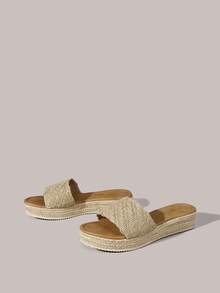 Styleloop Ladies Fashion Woven Casual Platform Sandals, Upper Crossstrap Decorative Bohemian Vacation Vintage French Canvas Wedge Heel Platform Mueller Slippers, Western Style, Music Festival Party Clothing, Spring Summer Shoes Spring Break Easter Summer Shoes - Apricot 5 - View 3