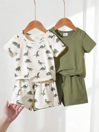 SHEIN Playful Pals 2pcs/Set Infant Toddler Unisex 0-3Y Casual Cute Dinosaur Print Round Neck T-Shirt 4pcs Outfit Set, Comfortable Easy-Wear Short Sleeve Summer Suit, Suitable For 6 Months To 3 Years Old Baby Boys, Clothing For Spring/Summer, Daily Wear, Outings And Home Dinosaur Baby Clothes Set Dinosaur Toddler Shorts Sets Baby Boy Dinosaur Outfit Knitted Top And Short Set Baby Boy Summer Sets