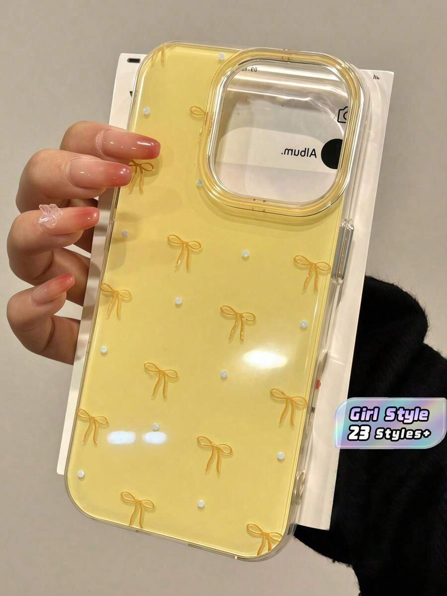 可爱粉色波点蝴蝶结手机壳 - 柔软后盖，适用于 17 ProMax 16 15 14 13 12 11，女孩礼物 - 黃底蝴蝶結 - 查看 1