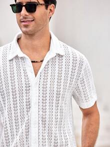 Mercer Haus Men's Jacquard Elastic Casual Shirt, Hollow Lattice, For Summer Vacation Beach Wear - White - View 8