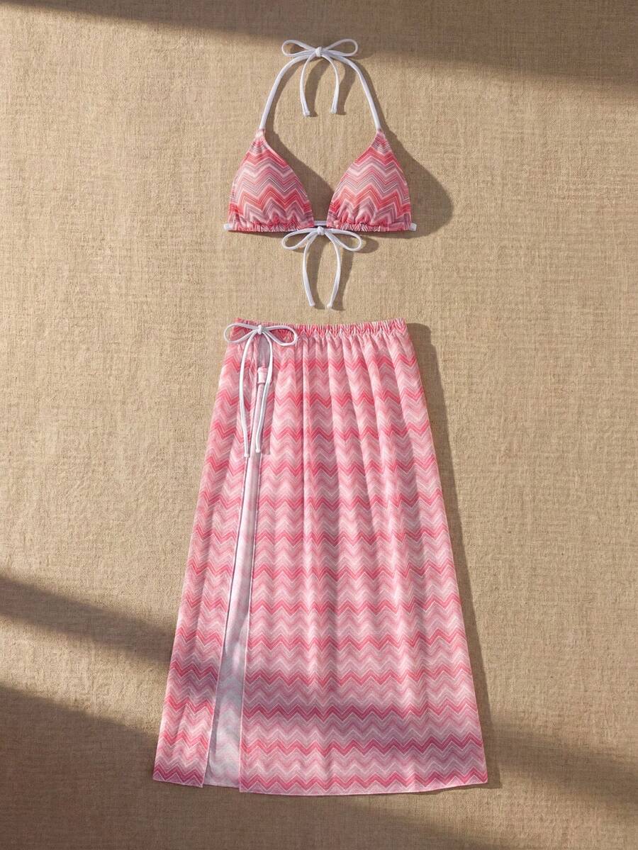 Anewsta Women's Summer Beach Wave Striped Halter Tie Sexy Camisole & Triangle Panty With Cover-Up Skirt Bikini 3-Piece Set - Multicolor - View 1