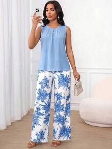 SHEIN Lady Quần ống rộng xếp ly cổ tròn không tay dành cho nữ, họa tiết hoa màu xanh dương, trang phục thường ngày thanh lịch cho các buổi đi chơi và kỳ nghỉ, bộ đồ hai mảnh mùa xuân/hè dành cho nữ, bộ đồ hè 2 mảnh, trang phục thường ngày cho nữ, trang phục đi nghỉ mát cho nữ, trang phục ngày lễ. - Nhiều màu - Xem 5