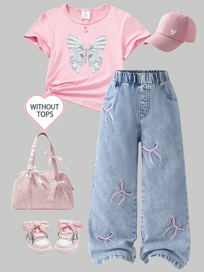 Young Girl' Casual Jeans, Lightweight Denim Pants, Elastic Waist With Bow Embroidery, Straight Slim Fit, Soft & Comfortable, Simple & Fashionable, Suitable For All Seasons