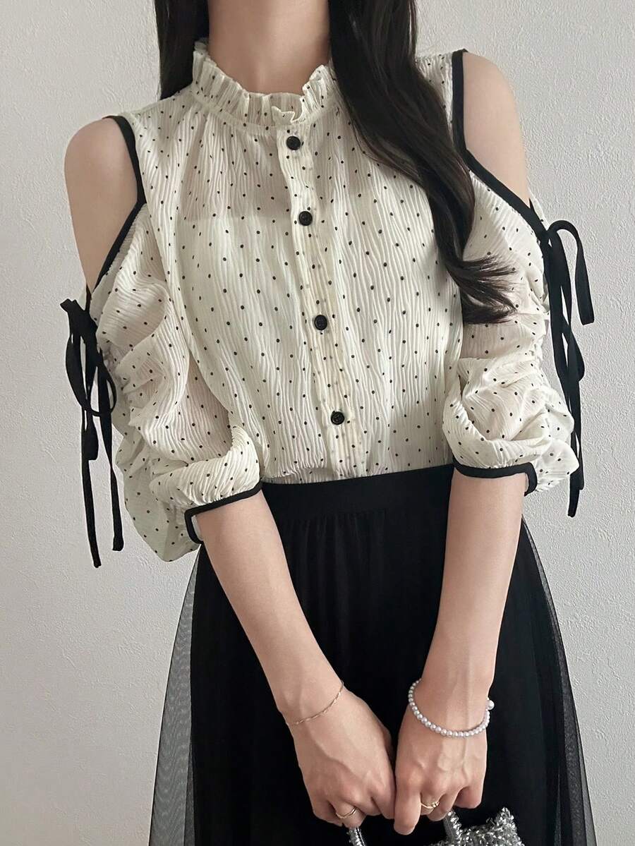 女士波点露肩单排扣时尚衬衫 - 米色 - 查看 1