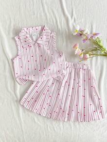 Vintaside Kids Conjunto de niña preadolescente con estampado de corazones a rayas - Perfecto para salidas diarias y reuniones casuales - Rosa Pálido - Ver 4